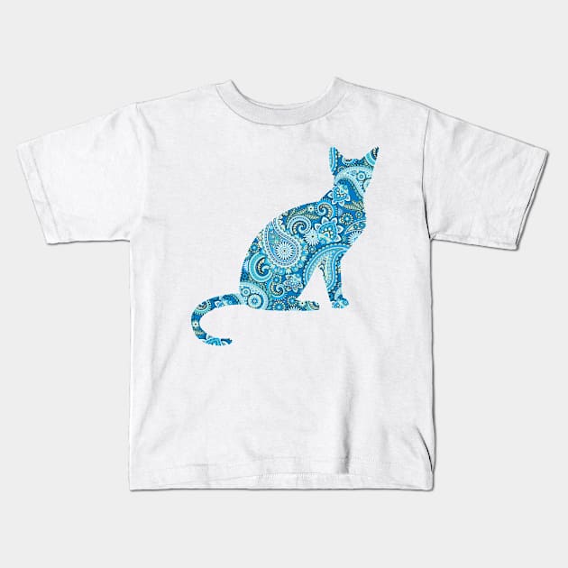 Blue Paisley Cat Silhouette Kids T-Shirt by CeeGunn